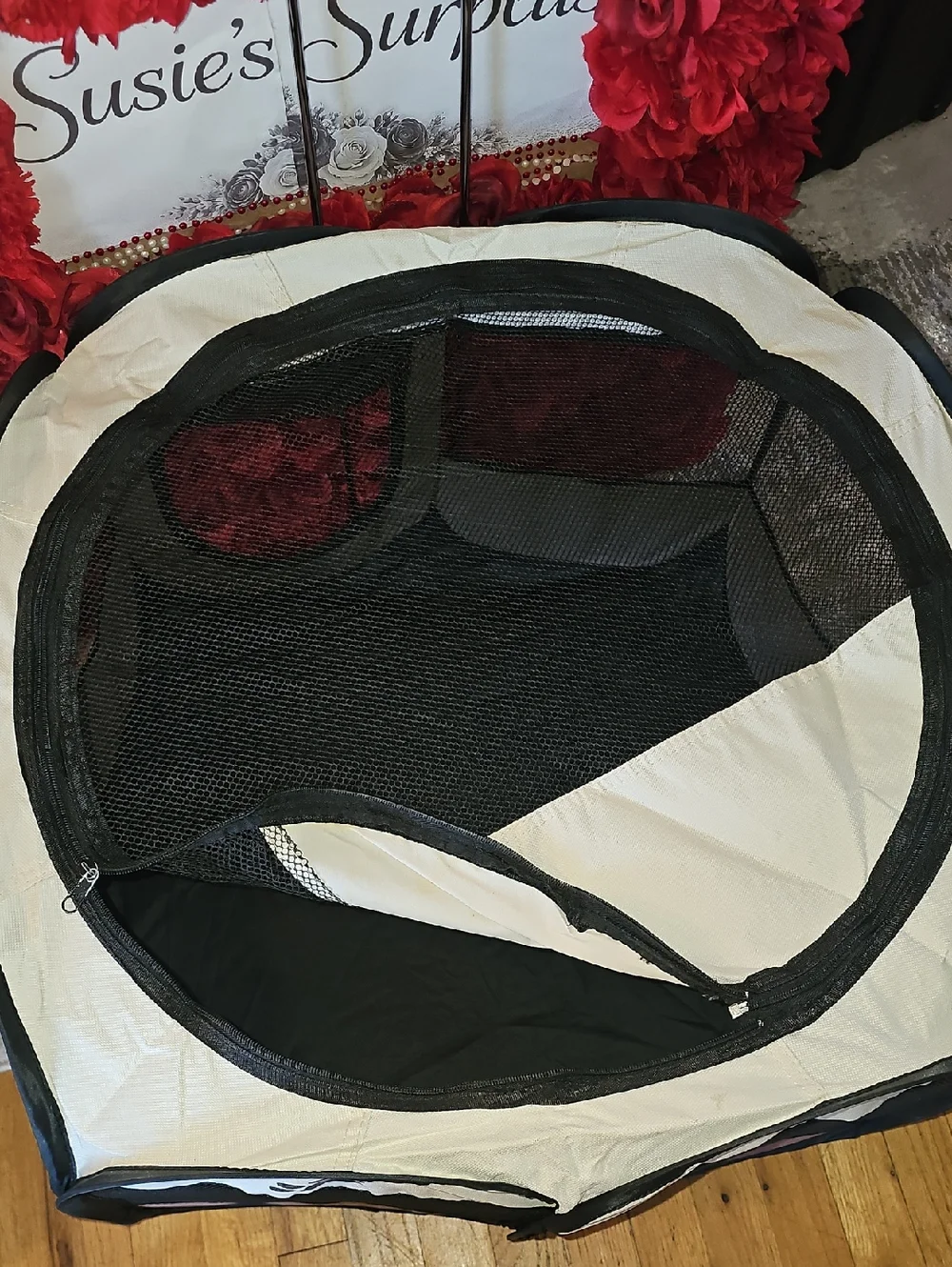 Collapsible Mesh Small Pet Playpen - Black and Cream Like NEW